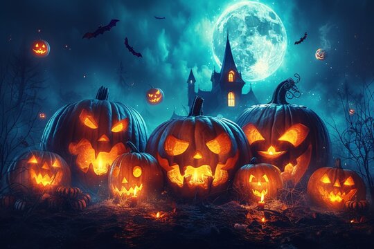 Halloween Night A Spooktacular Display of Pumpkins and Ghosts Generative AI