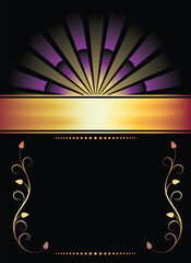 Luxury background template with golden ornament and glowing rays for greeting card in retro style or invitation booklet.