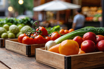 Fresh market product display. Wooden table with copy space, assorted fruits and vegetables. Healthy vegetarian options. Blurred street market background.