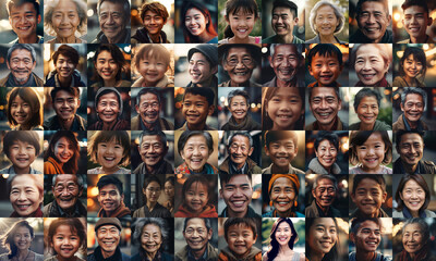 collage of asian people smiling, collage of portrait, grid of 60 cheerful faces,  group photo