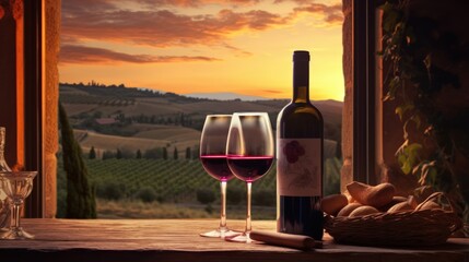 Red wine with barrel on vineyard in green Tuscany illustration - obrazy, fototapety, plakaty