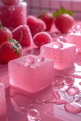 Pink Ice Cubes with Strawberries A Cool and Fruity Treat for the Month of Love Generative AI