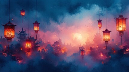 Chinese Lanterns Illuminate the Sky Generative AI - obrazy, fototapety, plakaty