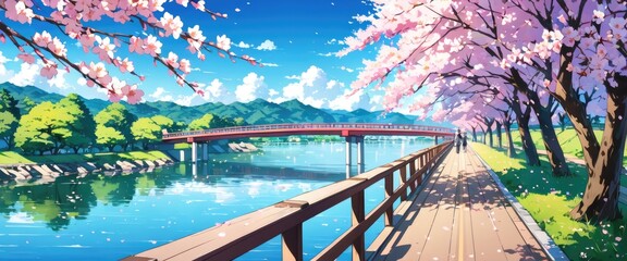 Bridge beside the river with cherry blossoms in full bloom. a landscape of tranquility.