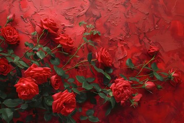 A vibrant display of red roses sprawled over a textured red backdrop. Concept Floral Still Life, Vibrant Red Roses, Textured Backdrop, Colorful Display, Alluring Elegance
