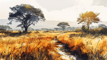illustration with the drawing of a Savanna - obrazy, fototapety, plakaty