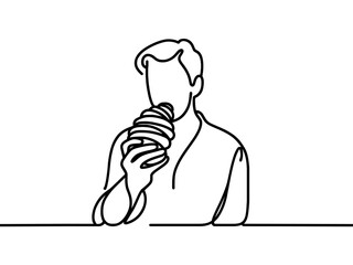 vector linear image of a man eating a croissant against a white background