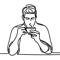 vector linear image of a man with a cup who drinks coffee or tea against a white background