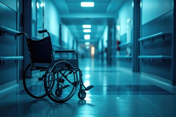 Fototapeta na wymiar A wheelchair positioned in a hospital corridor, symbolizing mobility and care