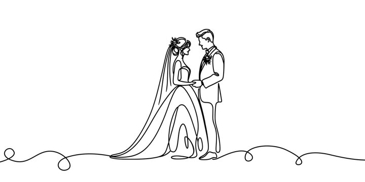 vector linear image of bride and groom, wedding on white background
