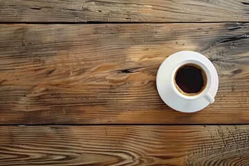 Obraz na płótnie Canvas Steaming cup of coffee rich aroma emanating from white porcelain gracefully resting on rustic wooden table symbol of fresh start dark robust espresso contrasts with gentle brown hues of table