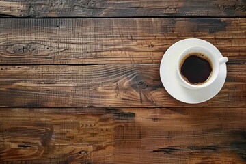 Steaming cup of coffee rich aroma emanating from white porcelain gracefully resting on rustic wooden table symbol of fresh start dark robust espresso contrasts with gentle brown hues of table