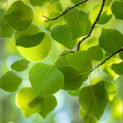 Fototapeta na wymiar Spring Whispers: Vibrant Green Aspen Leaves Fluttering in a Gentle Breeze, Sunlight Filtering Through Creating a Dance of Shadows and Highlights