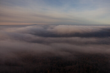 An aerial view of a cloudy sky over a forest