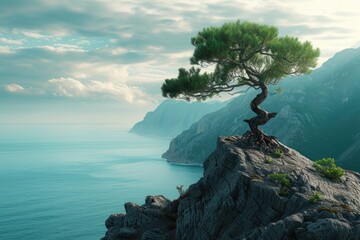 A solitary tree perched atop a rugged cliff, overlooking the vast expanse of sea and mountains. - obrazy, fototapety, plakaty