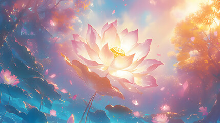 Ethereal pink lotus glows amidst a mystical, colorful forest with a whimsical, dreamlike quality