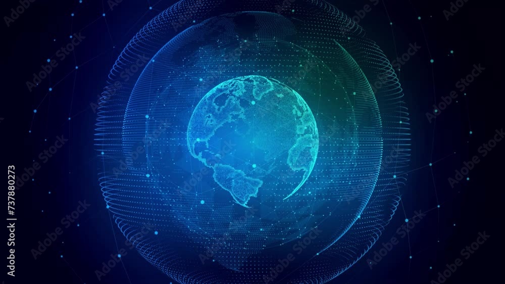 Poster earth in 3d digital motion graphic. concept transmit ai networking on fiber optic. transfer 5g web c
