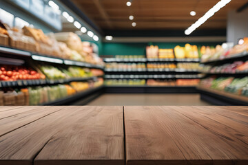 Empty and clean wooden table for product with blurry supermarket background.
