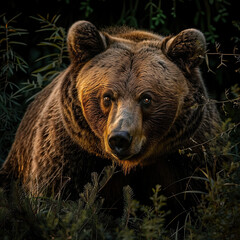 closeup grizzly bear photo in his own habitat - obrazy, fototapety, plakaty