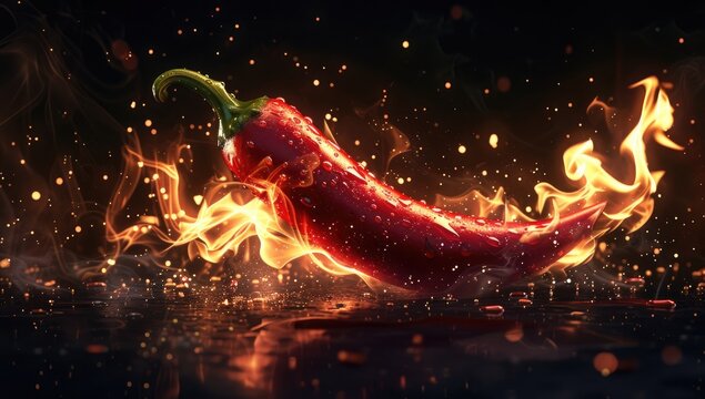 A close-up of a vibrant red chili pepper with flames dancing around its edges, evoking fiery intensity.