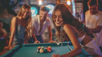 A group of happy friends playing billiards after work at a restaurant. - Powered by Adobe
