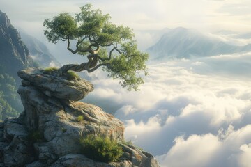 At the edge of a rocky cliff stands a solitary tree, commanding views of the sea and distant mountains - obrazy, fototapety, plakaty