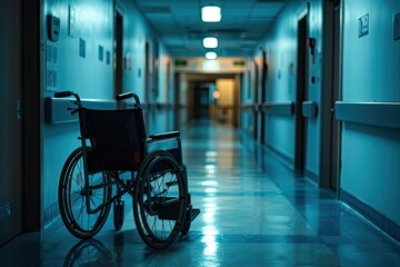 Fototapeta na wymiar A wheelchair positioned in a hospital corridor, symbolizing mobility and care