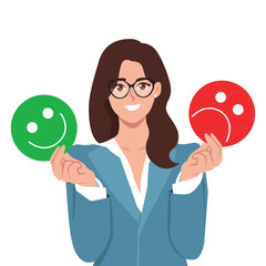 Young woman holds masks with positive and negative emotions. Girl plays a role Holding happy or sad mask. Flat vector illustration isolated on white background