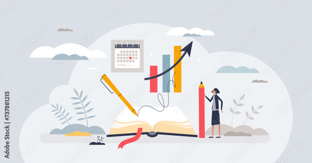 Poster bullet journaling method for daily tasks organization tiny person concept. write journal with work a