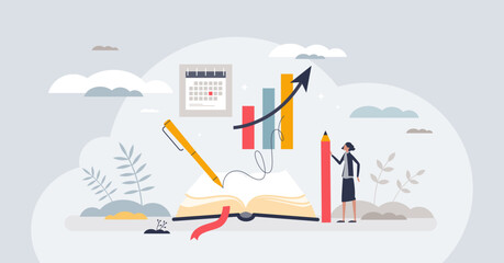 Fototapeta premium Bullet journaling method for daily tasks organization tiny person concept. Write journal with work activities and agenda for productivity and efficiency vector illustration. Time management system.