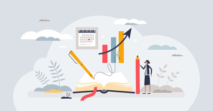 Bullet journaling method for daily tasks organization tiny person concept. Write journal with work activities and agenda for productivity and efficiency vector illustration. Time management system.