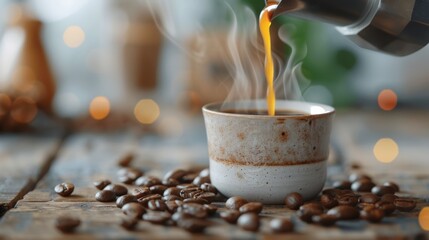 Freshly brewed coffee being poured into a rustic ceramic mug surrounded by coffee beans.