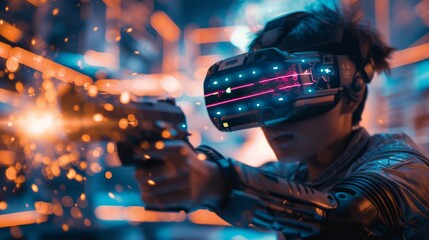 Fototapeta na wymiar A gamer in futuristic armor using a virtual reality headset, illuminated by neon lights.