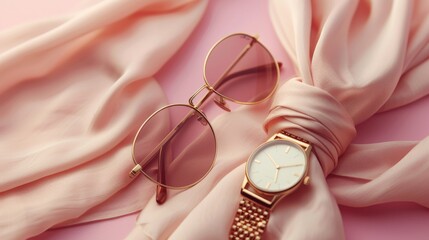 Elegant fashion accessories arrangement with rose gold glasses and matching wristwatch on pink fabric.