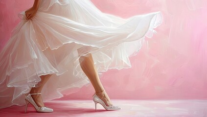 A white high heel shoe complementing a pair of female legs.