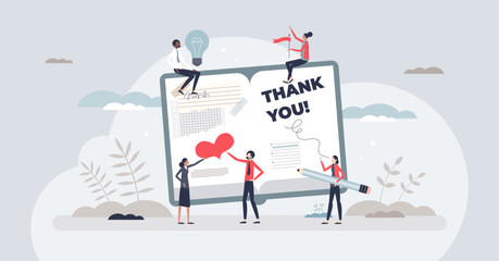 Gratitude journaling as daily appreciation training tiny person concept. Diary writing with good emotions and thoughts for inner positivity and empowerment vector illustration. Reflections memo book.