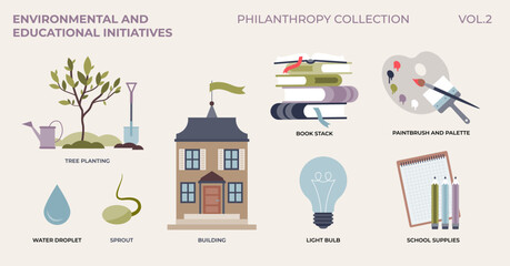 Environmental and educational initiatives from philanthropy tiny collection. Elements with nature conservation awareness or social eco care vector illustration. Learning about ecosystem harmony.