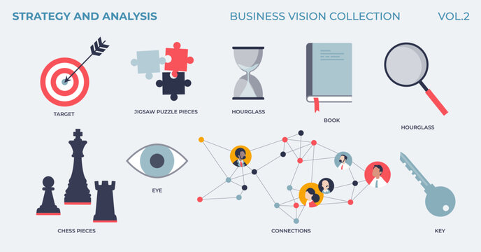Strategy and analysis for effective and smart business vision tiny collection. Labeled elements with target, objectives, corporate connections, precise moves and high performance vector illustration.
