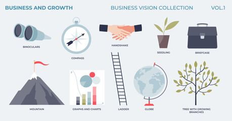 Business growth, development and vision elements in labeled tiny collection. Company deals, future financial ambitions and achievements vector illustration. Successful leadership and performance. - obrazy, fototapety, plakaty