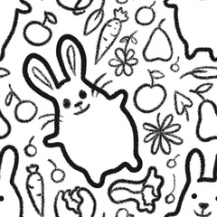 set of easter rabbits and vegetables black and white seamless abstract pattern background fabric design print wrapping paper digital illustration art texture textile wallpaper apparel image 