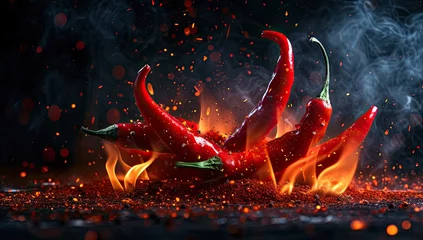 Poster A vivid red chili pepper captured up close, its edges embraced by licking flames, radiating heat and spice © Murda