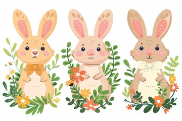 Happy Easter Eggs Basket blank canvas. Bunny in flower easter Resurrection decoration Garden. Cute hare 3d Sunlight easter rabbit spring illustration. Holy week christianity card wallpaper Clear zone