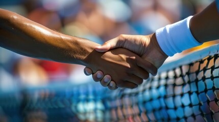 Tennis players shaking hands over net, sportsmanship, end of hard fought match