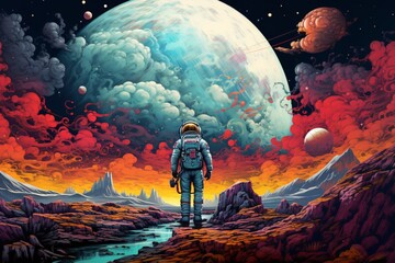 a person in a space suit looking at a planet - obrazy, fototapety, plakaty
