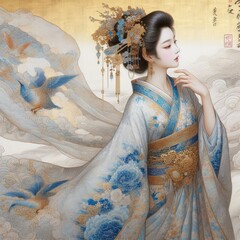 Elegance in Blue: A Portrait of Chinese traditional dress girl with Generative AI.