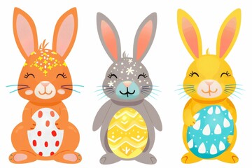 Obraz premium Happy Easter Eggs Basket easter flower pot. Bunny in flower easter renewal card decoration Garden. Cute hare 3d Sunshine easter rabbit spring illustration. Holy week modern card wallpaper easter sign