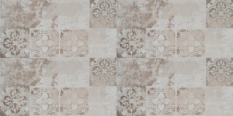 Old brown gray grey brown vintage worn geometric shabby mosaic ornate patchwork motif stoneware...