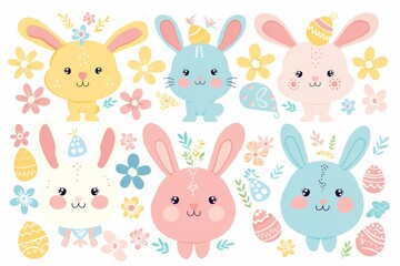 Happy Easter Eggs Basket subtle. Bunny in flower easter rose decoration Garden. Cute hare 3d floral arrangement easter rabbit spring illustration. Holy week bunny decorations card wallpaper red bunny