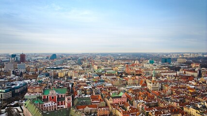 Fototapeta na wymiar Aerial view of Poznań's historic market square in winter.