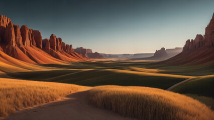 grassy hills and a dirt road in a desert landscape, 